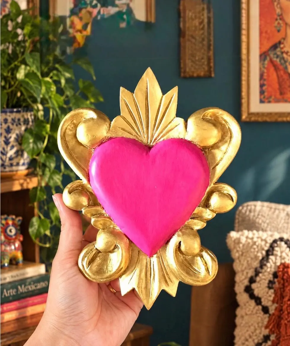 Carved Wood Sacred Heart, Hand Painted Milagro Wall Decor, Mexican Folk Art Gift