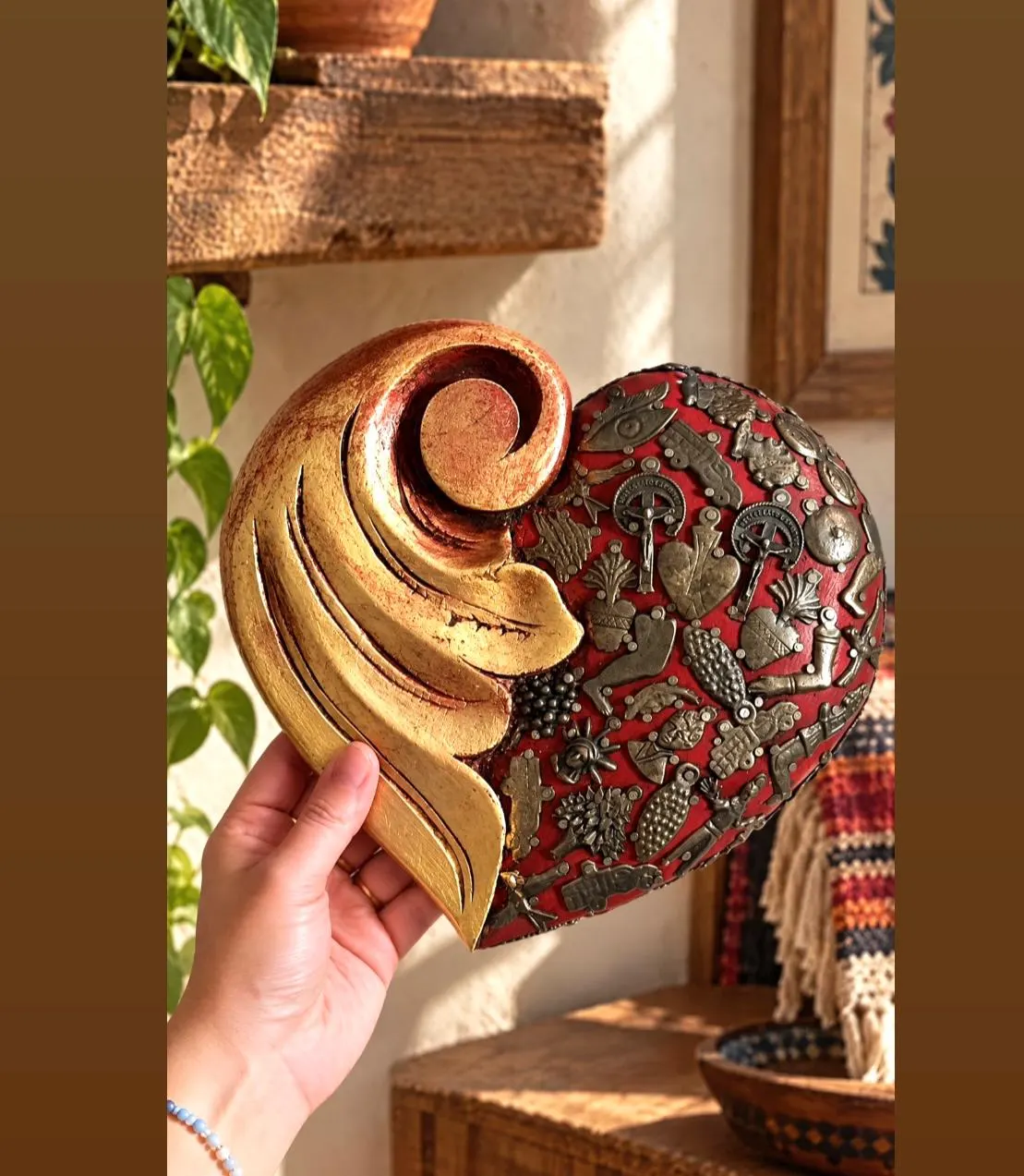 Carved Wood Mexican Sacred Hacienda Wall Decor, Rustic Milagro Folk Art, Large Colonial Medio Rojo 9”x 9”