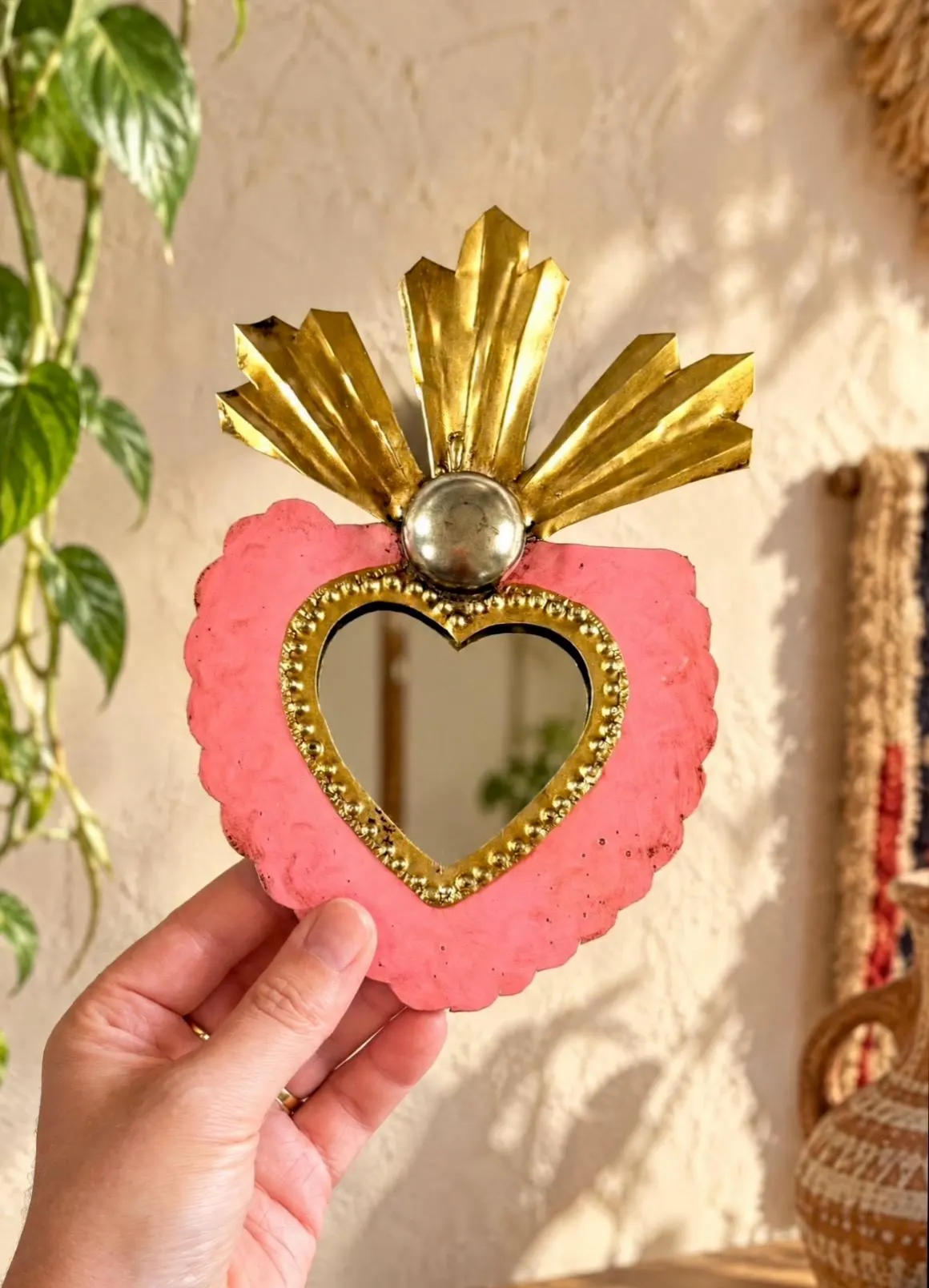 Tin Sacred Heart Gift, Mexican Boho Folk Art, Milagro Decor, Mirror Ex-voto, Small Rios Mirror 5”