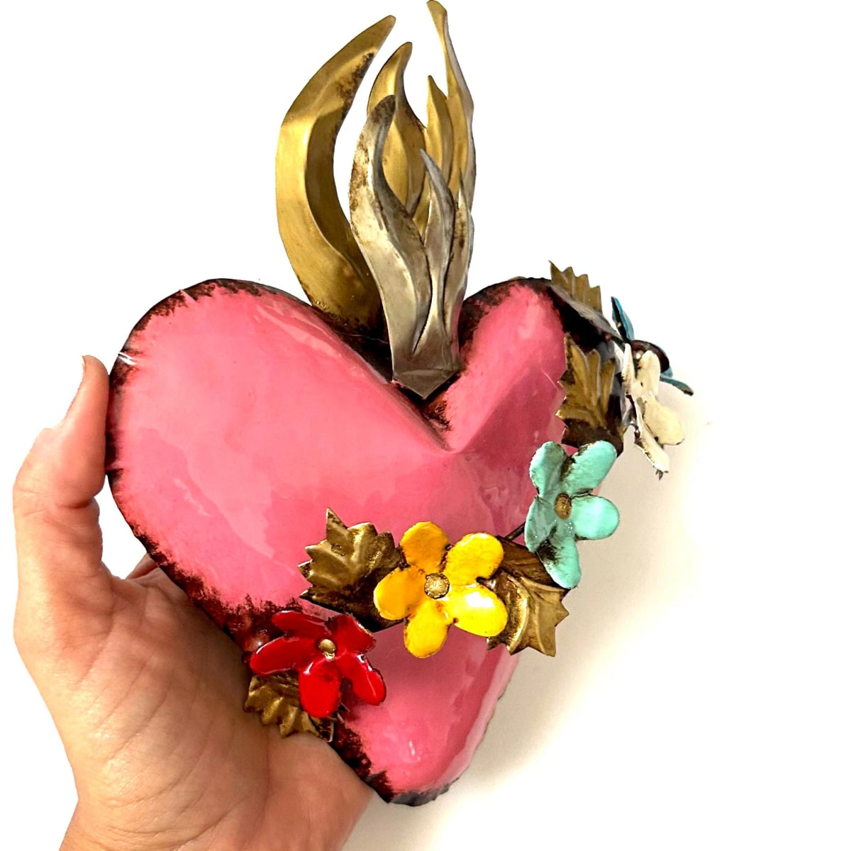 Boho Tin Sacred Heart, Mexican Ex-voto, Wall Decor Milagro, Banda de Flores 6”x 8”