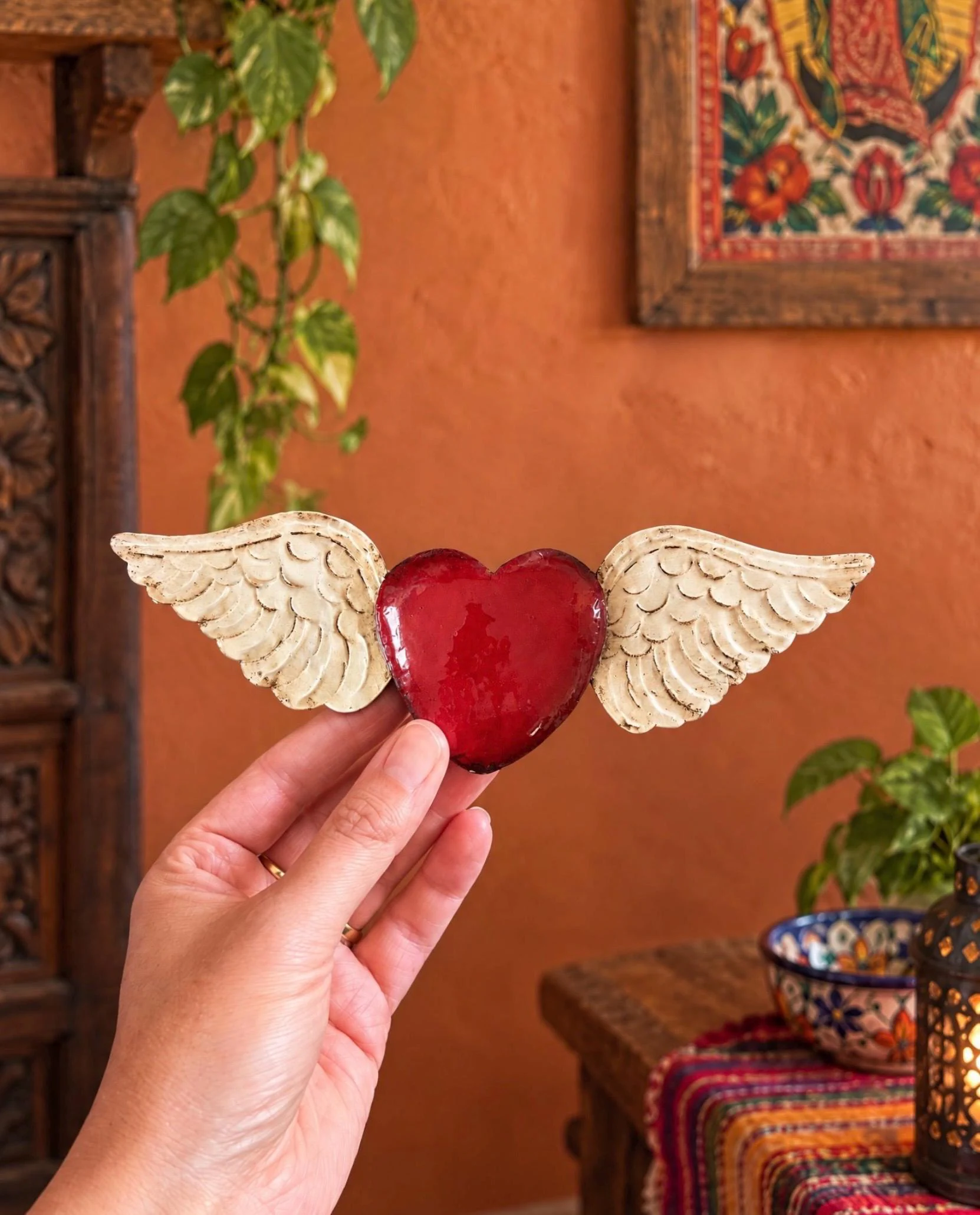 Mexican Tin Sacred Heart, Winged Hand Painted Milagro Wall Decor, Handmade Folk Art Gift, Small Alas Abiertas 7.5"(long)