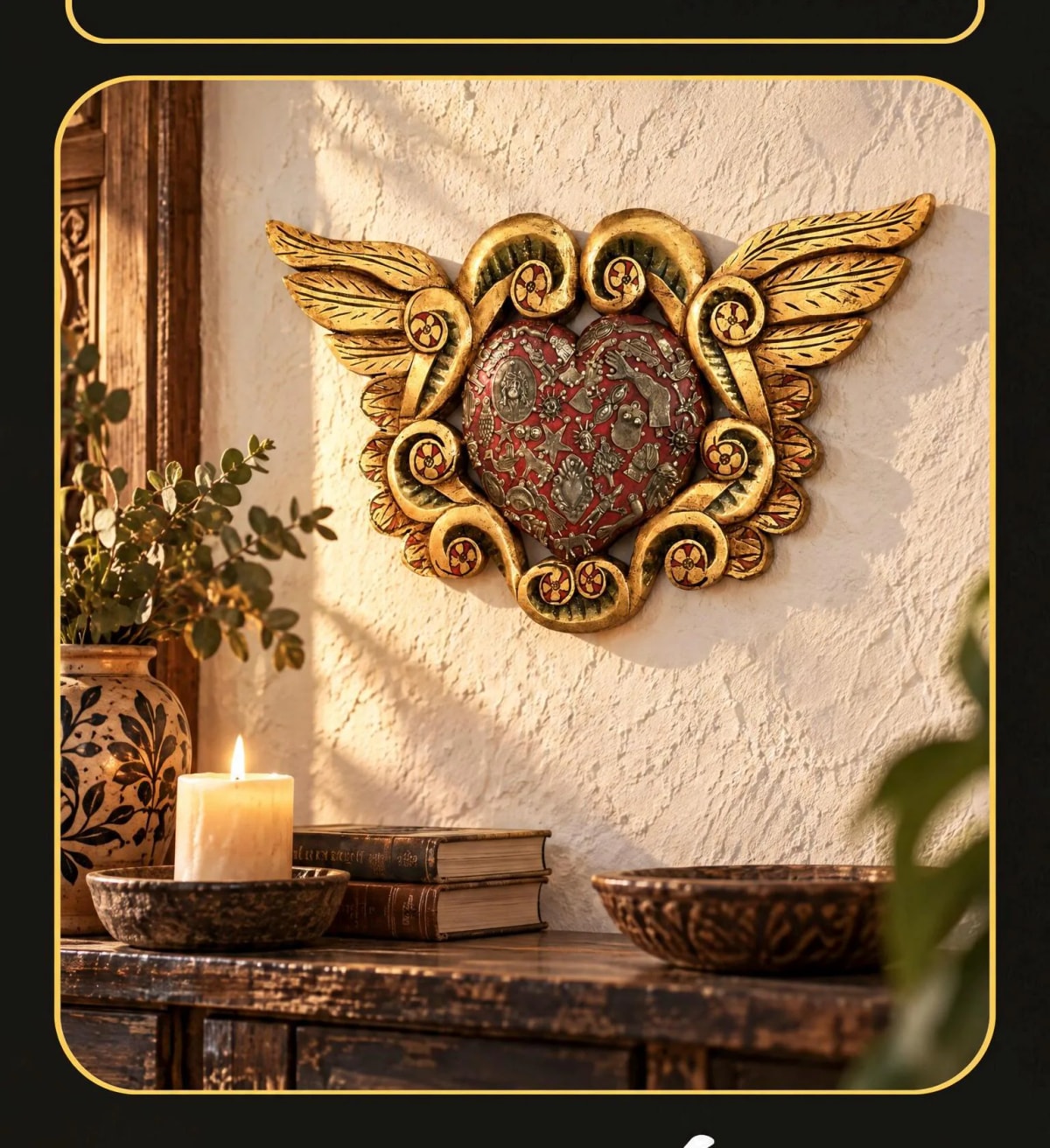 Carved Wood Mexican Sacred Hacienda Wall Decor, Rustic Milagro Folk Art, XXL Alas Colonial 19”(long)
