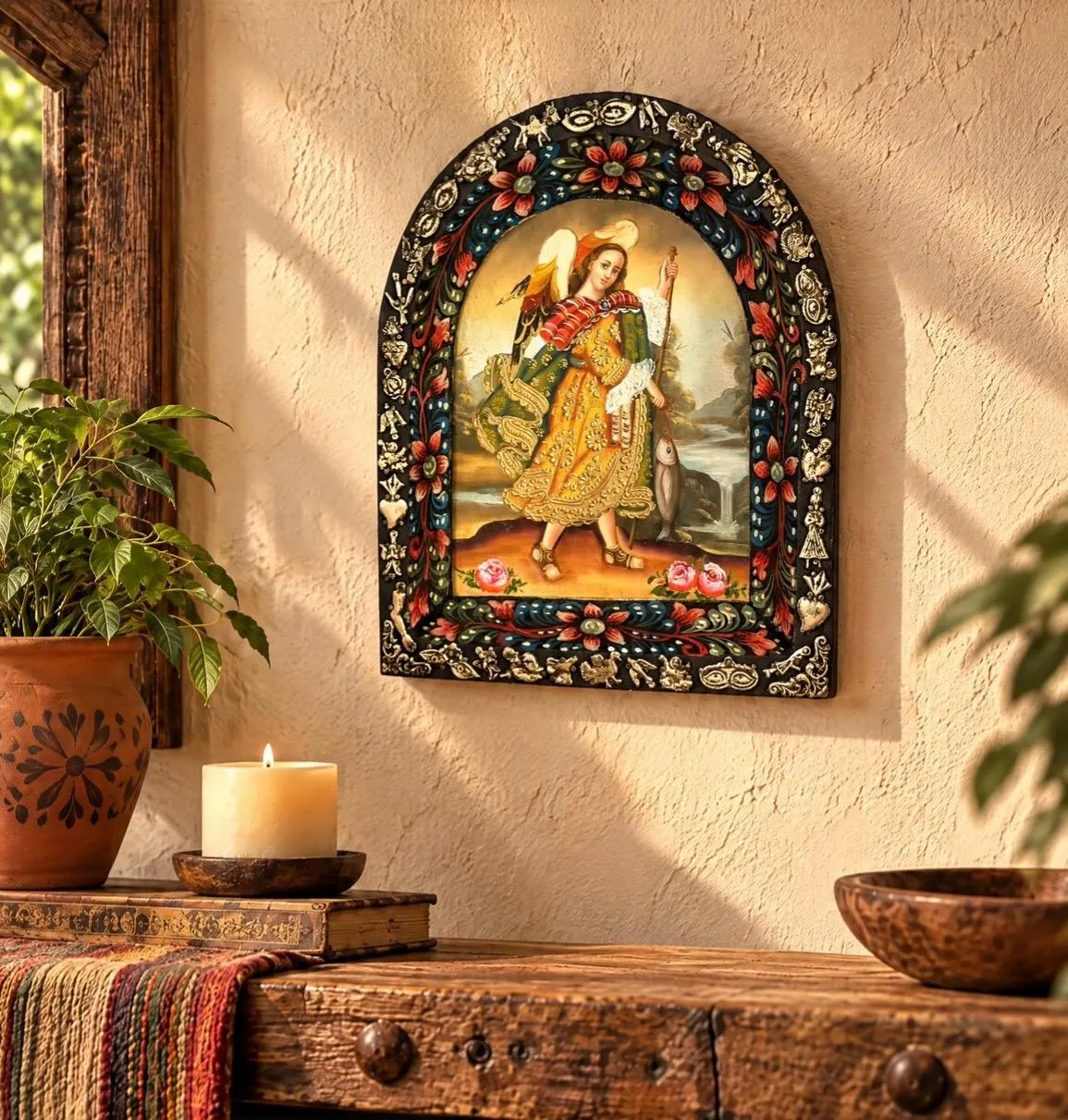 Mexican Folk Art Nicho, Hacienda Decor Nicho, Hand Painted San Rafael Retablo