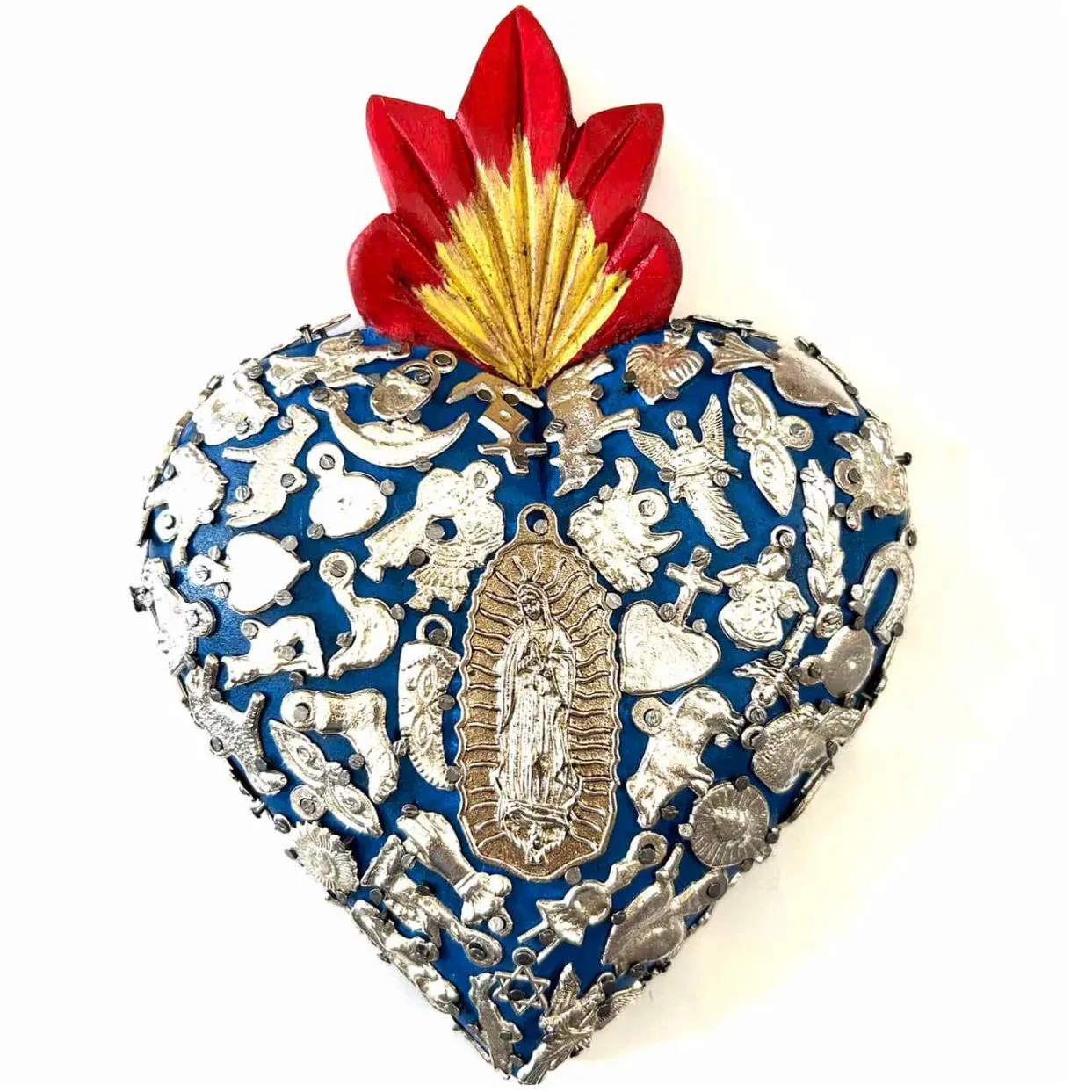 Virgen de Guadalupe Wall Decor, Our Lady Hand Painted Folk Art, Mexican Catholic Gift, XL Guadalupe Silver Milagritos 5.5”x 7.5"