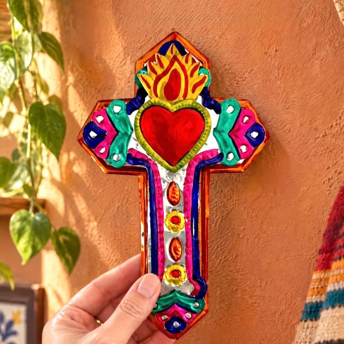 Mexican Cross Wall Decor, Hand Painted Tin Milagro Folk Art, Baptism First Communion Gift, Medium Lata Cruz Multicolor