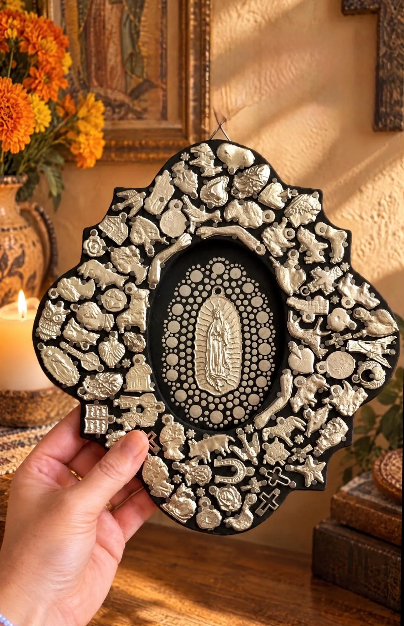 Virgen Mexican Folk Art, Guadalupe Milagritos Wall Decor, Retablito Black 8”x 8.5”