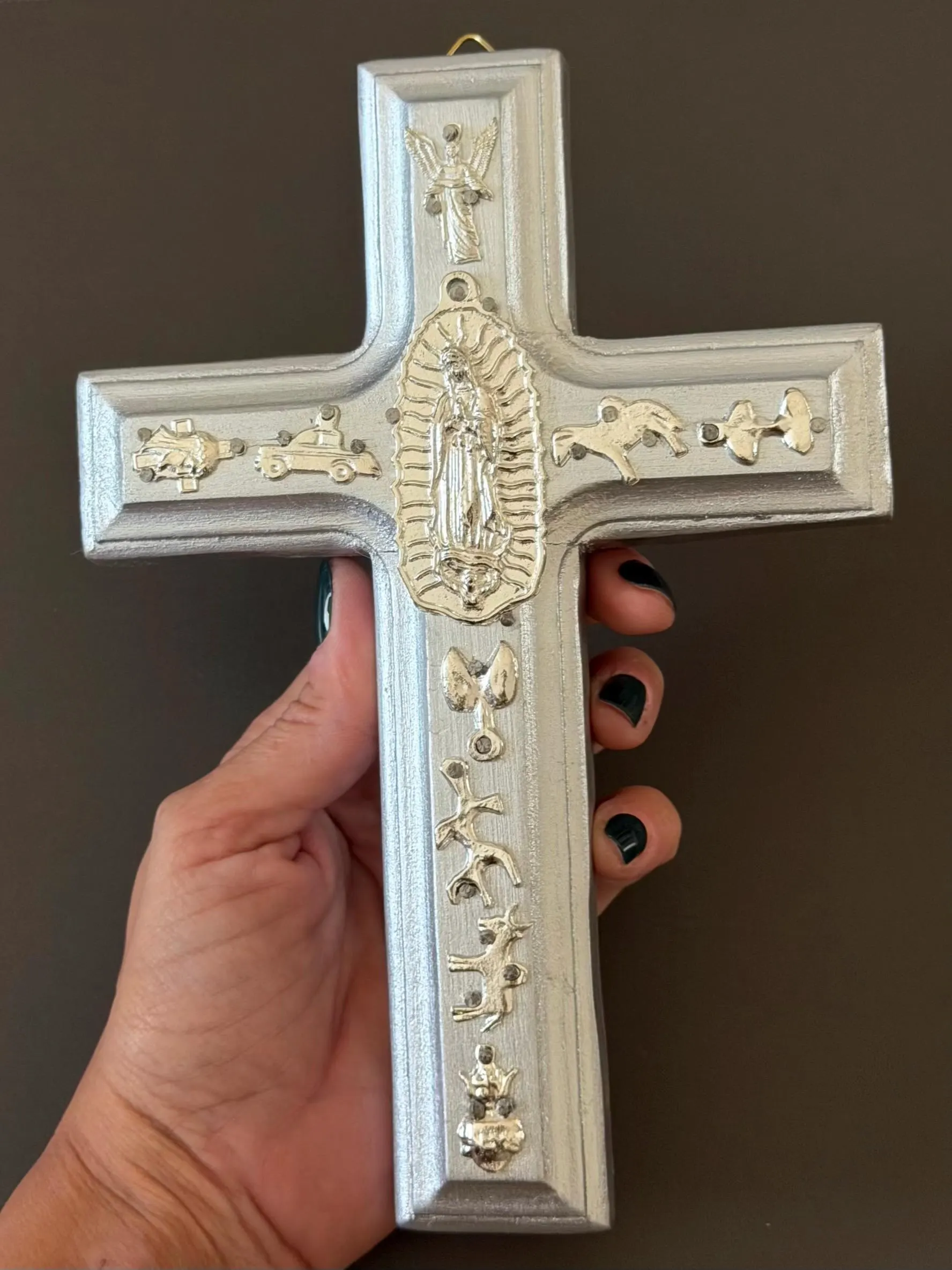 Hand Carved Wood Guadalupe Milagritos Cross, 8" Tall Mexican Wall Decor