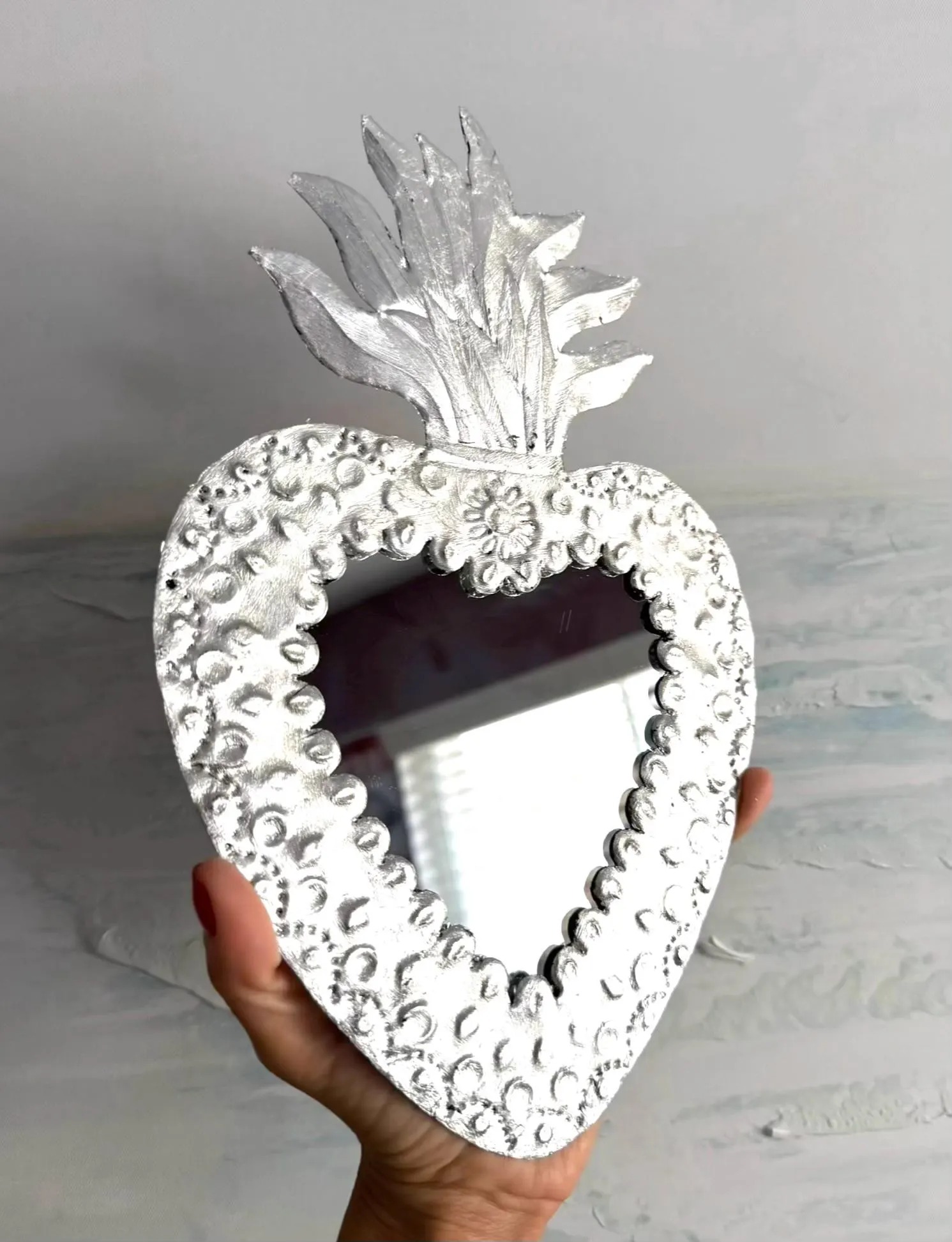 Tin Mexican Folk Art Sacred Heart Mirror - 11 Tall