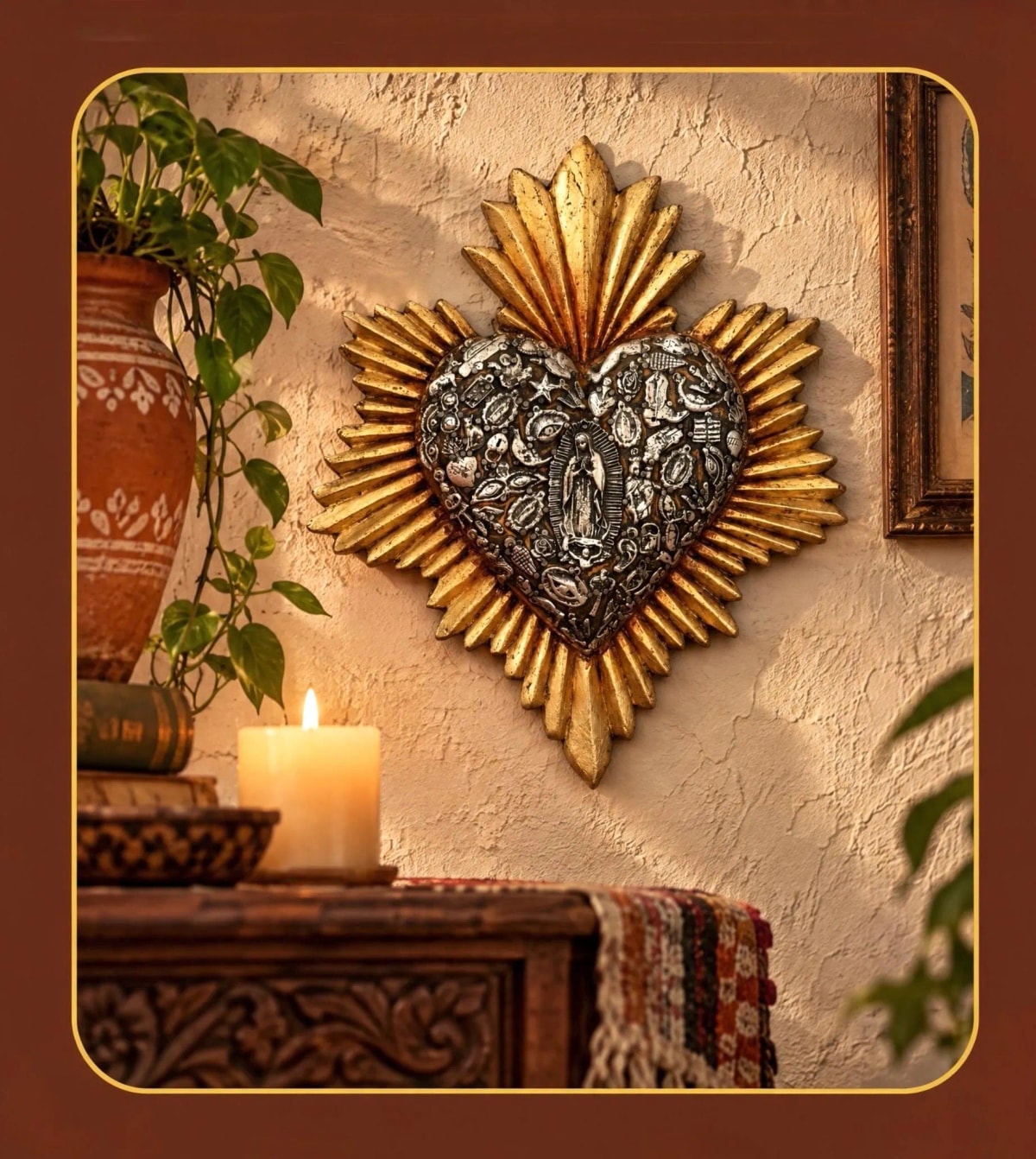 Carved Wood Sacred Heart, Sunburst Hand Painted Milagro Wall Decor, Mexican Folk Art Gift, XL Finisimo Resplandor Oro Destellos 11”x 13”