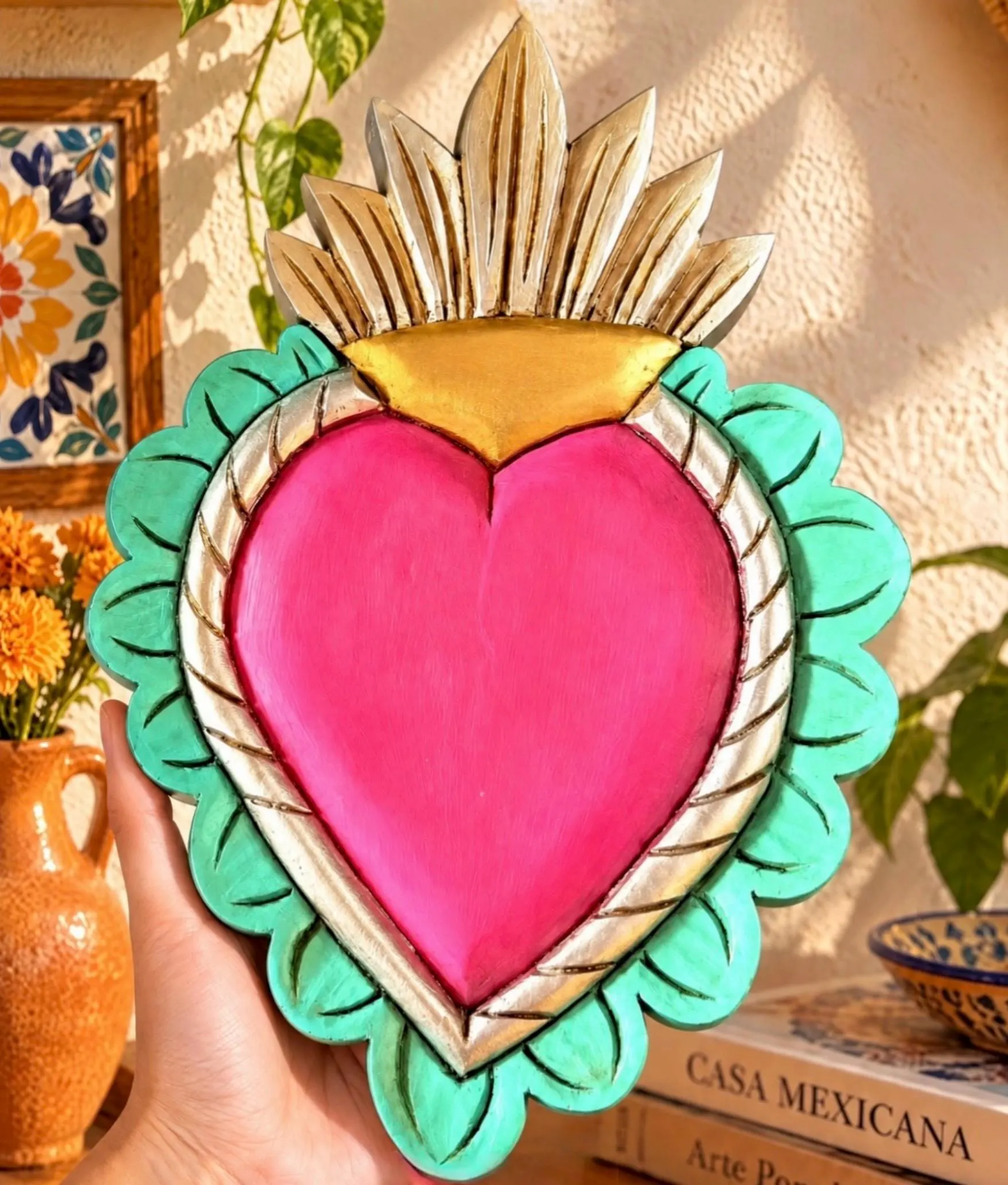 Carved Wood Mexican Sacred Heart, Boho Wall Decor Milagro, XL Pink/Aqua Corona 8” x 12”