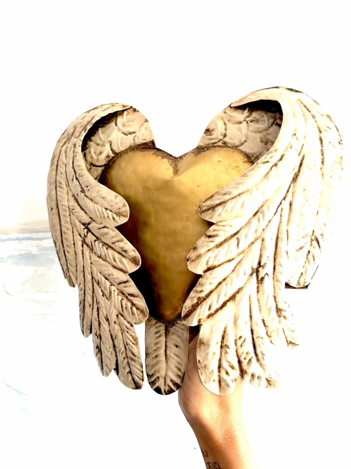 Mexican Tin Sacred Heart, Winged Hand Painted Milagro Wall Decor, Handmade Folk Art Gift, Large Alas Abrazo 9"x 9”