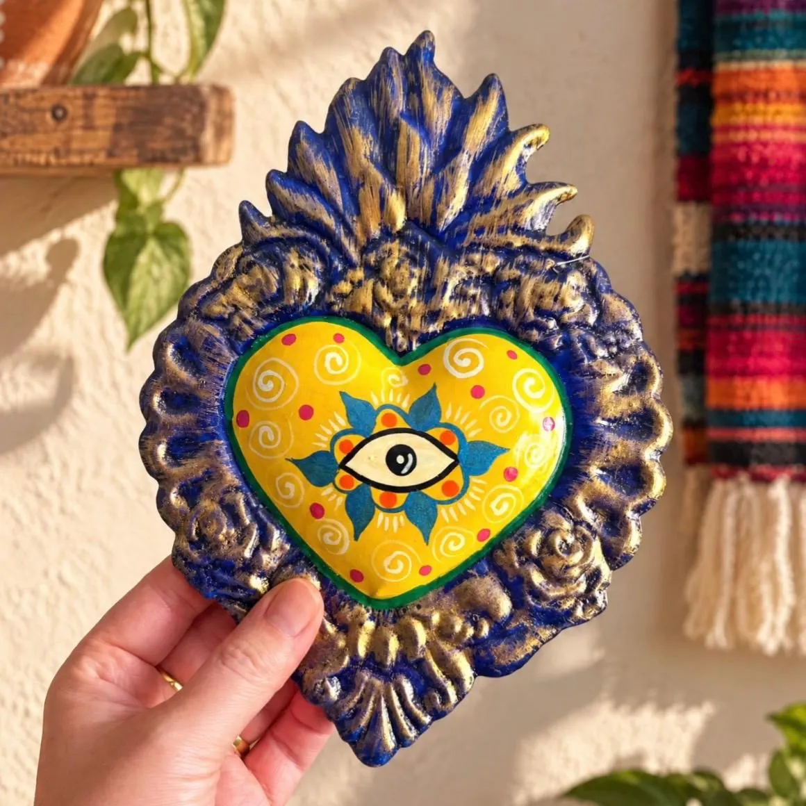 Mexican Tin Sacred Heart, Evil Eye Hand Painted Milagro Wall Decor, Handmade Folk Art, Ojo Decorado 6"x 8"
