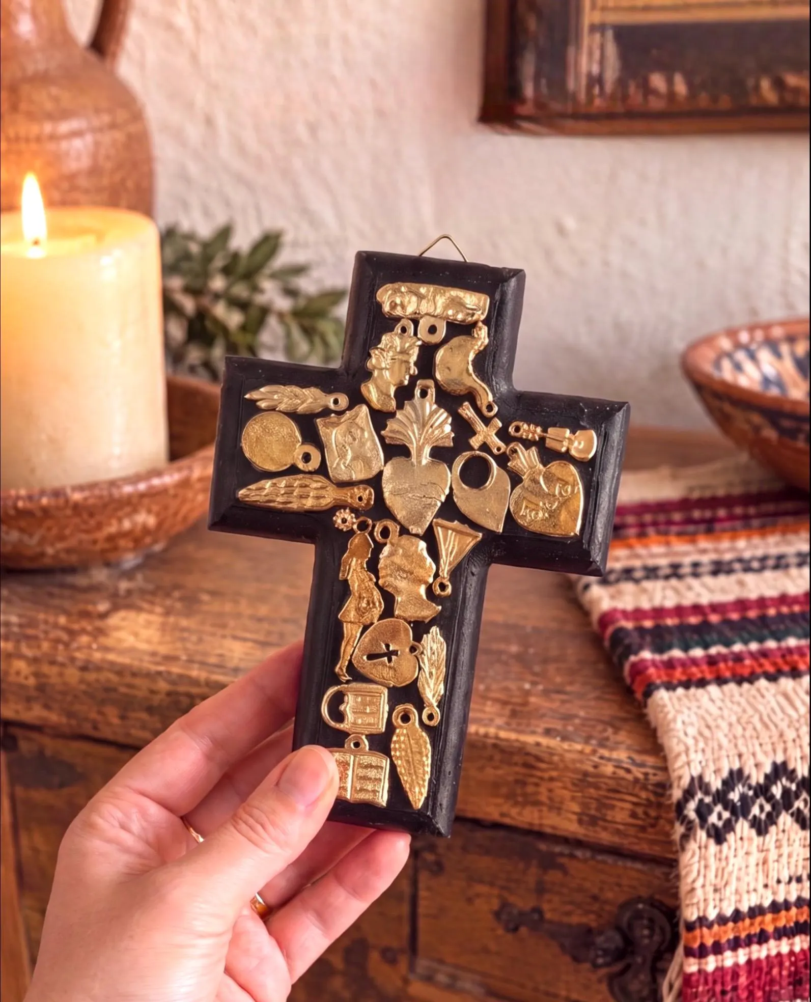 Wood Cross Handmade in Mexico, Milagro Wall Hanging Gift Religious Inspired, Small/Medium Cuadrada Black Cruz 4”x 5.5”