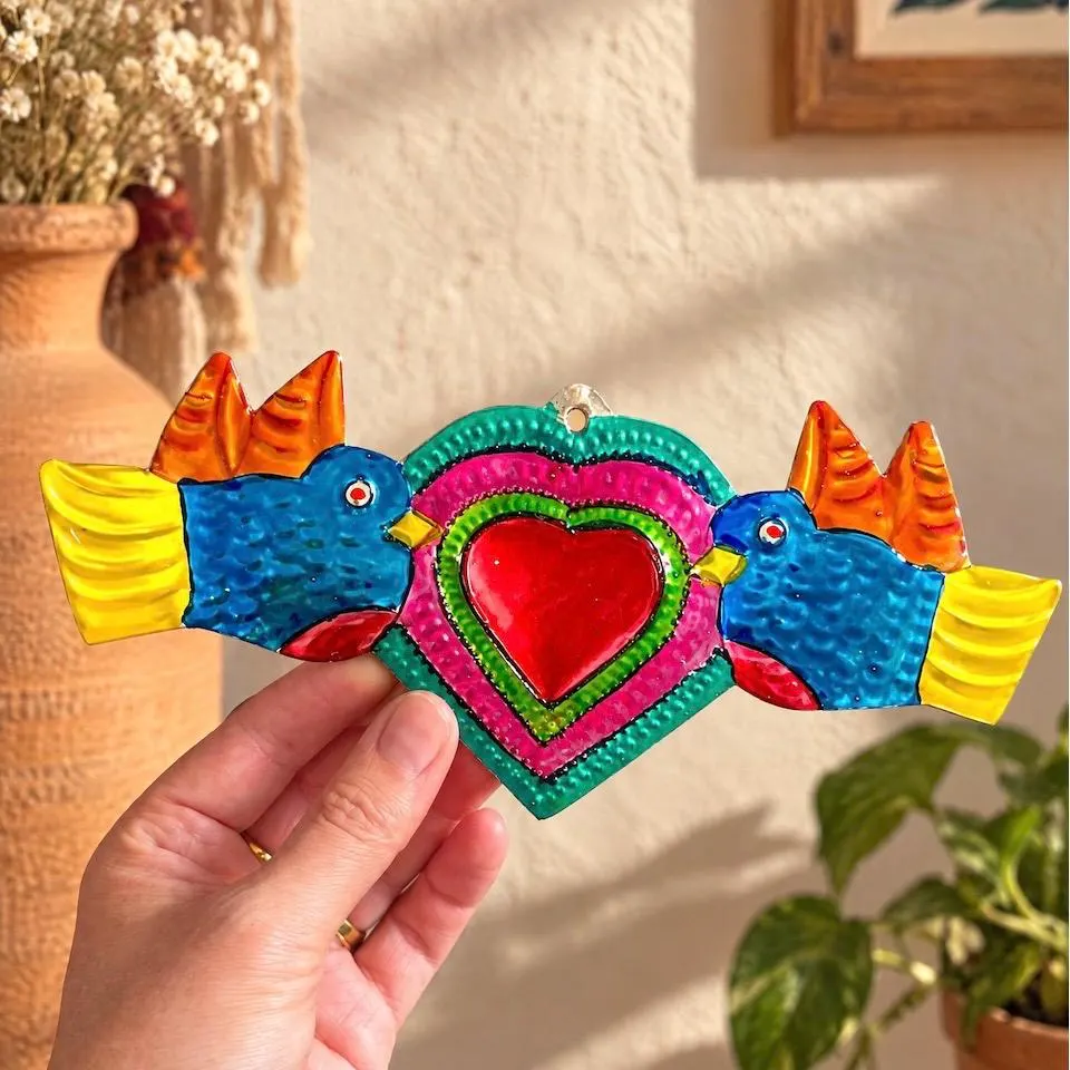 Mexican Tin Sacred Heart, Hand Painted Milagro Wall Decor, Handmade Folk Art Gift, Medium Lata 7.5"(long)