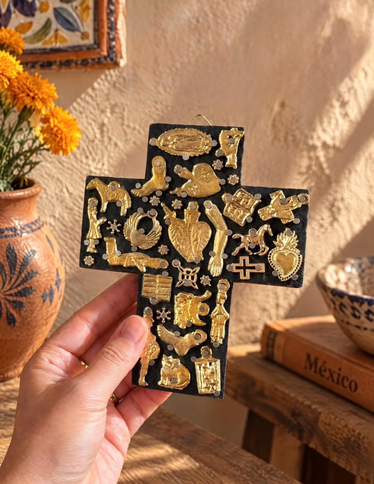 Wood Cross Handmade in Mexico, Milagro Wall Hanging Gift Religious Inspired, Small Cuadrada Black Cruz 4.25”x 5”