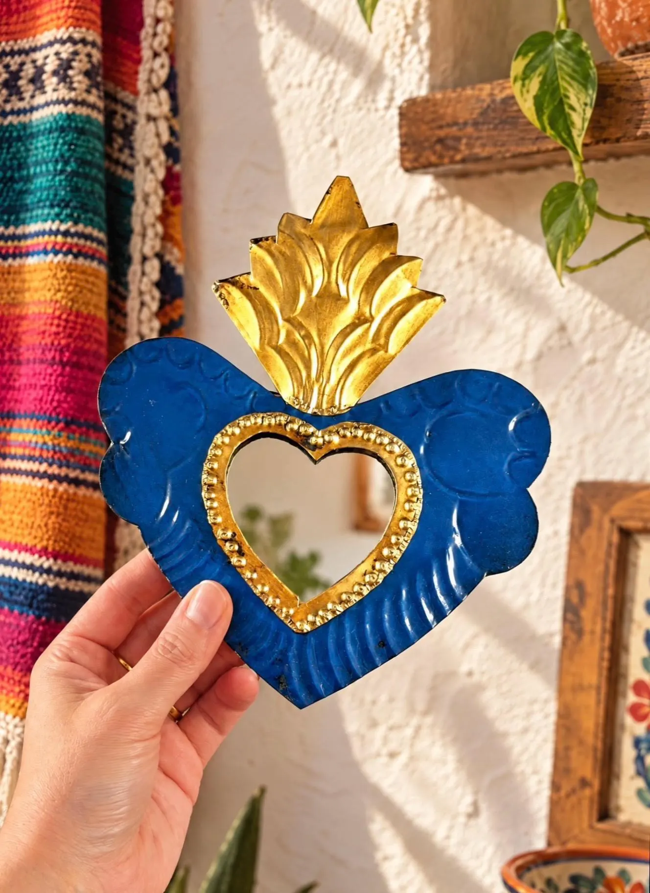 Tin Sacred Heart Gift, Mexican Boho Folk Art, Milagro Decor, Mirror Ex-voto, Small Gualdra Mirror 4.5”x 5”