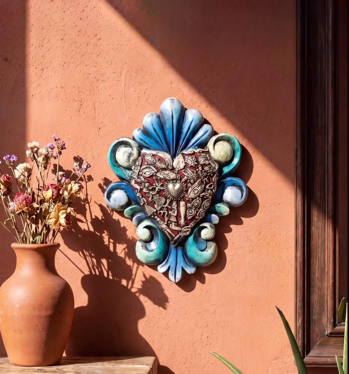 Carved Wood Sacred Heart, Hand Painted Milagro Wall Decor, Mexican Folk Art Gift, Vintage Colonial Esfumado Milagritos
