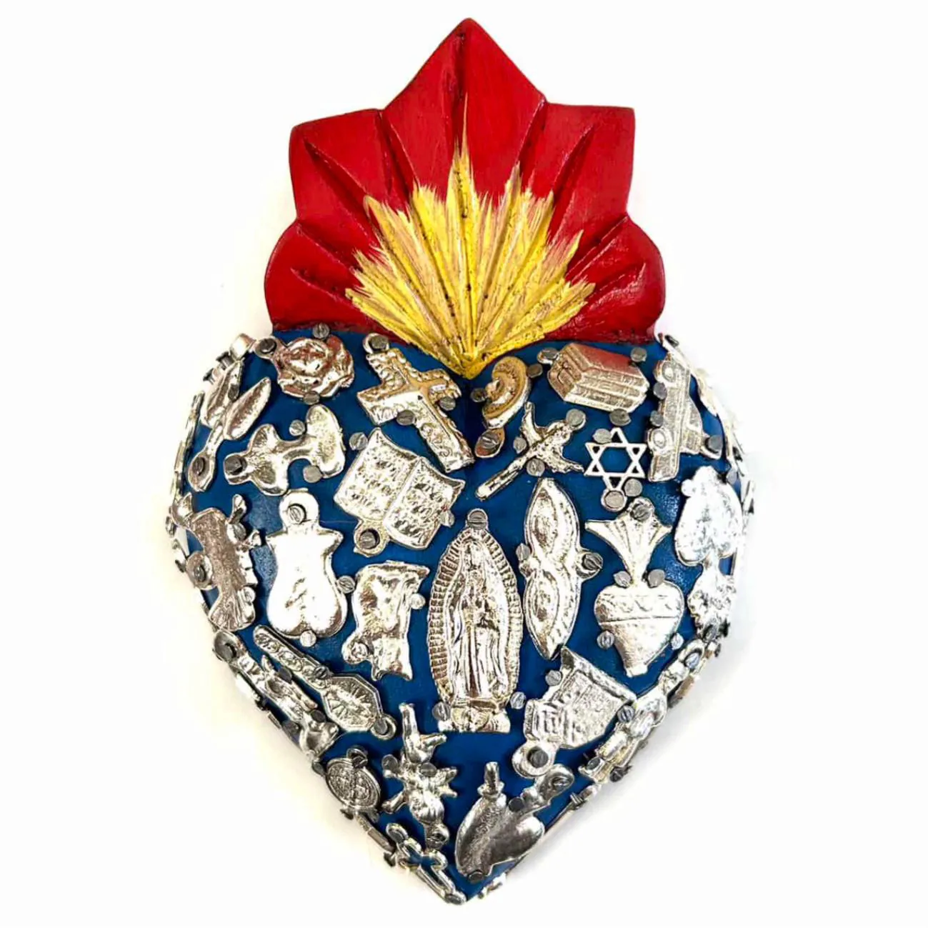 Wood Sacred Heart Milagro, Mexican Folk Art, Ex-voto Gift For Her, Medium Guadalupe Silver Milagritos 5.5”