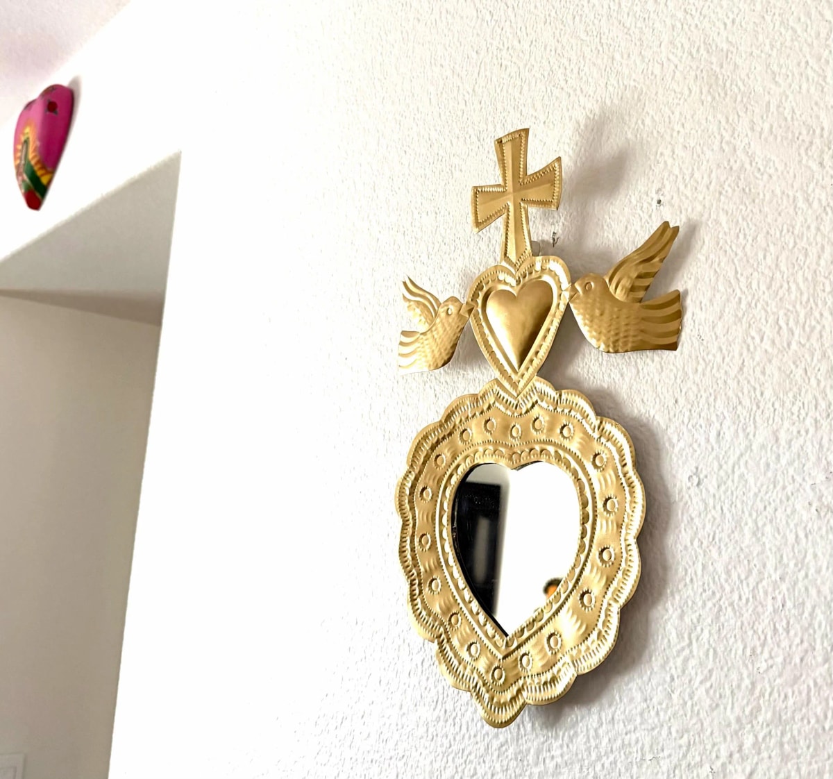 Handcrafted Gold Sacred Heart Mirror, Mexican Ex-Voto Milagro Wall Decor