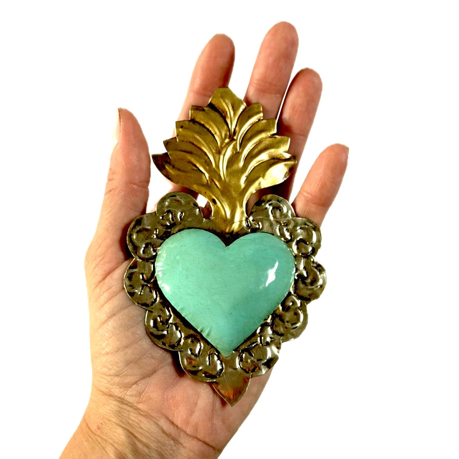 Mexican Tin Sacred Heart, Sunburst Hand Painted Milagro Wall Decor, Handmade Gift, Small Guanajuato 5"