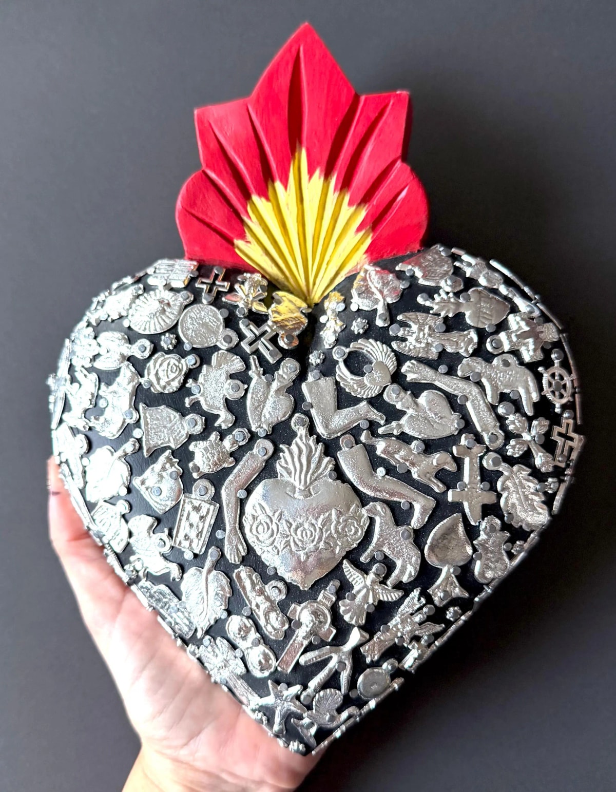 Hand-Cut Tin Heart, Gift For Abuela, XXL Black Silver Milagritos 8.5"x 9.5"