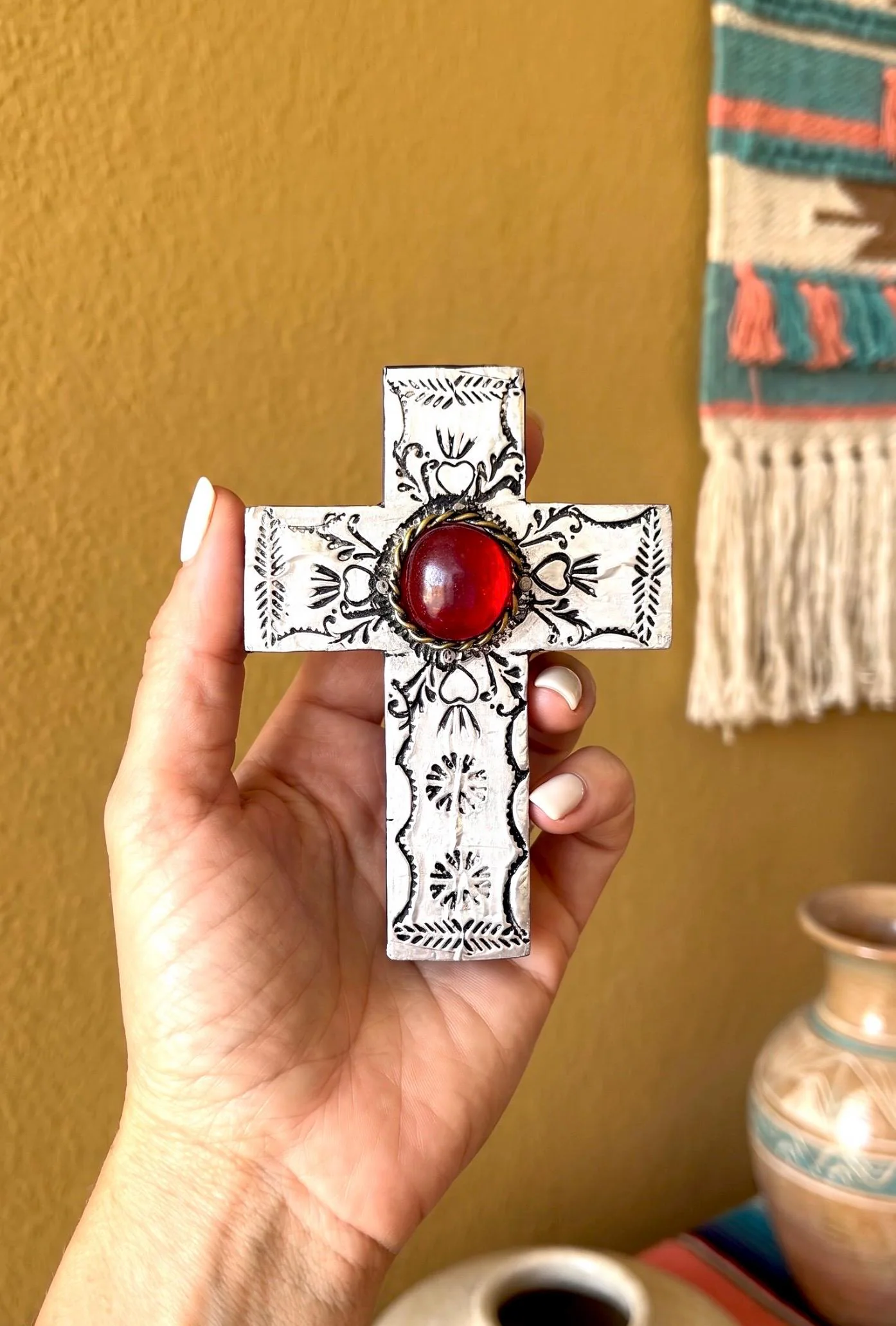 Hand-Cut Cross, Baptism Gift, Handmade Wood Sacred Heart Cross - Mexican Folk Art Milagro