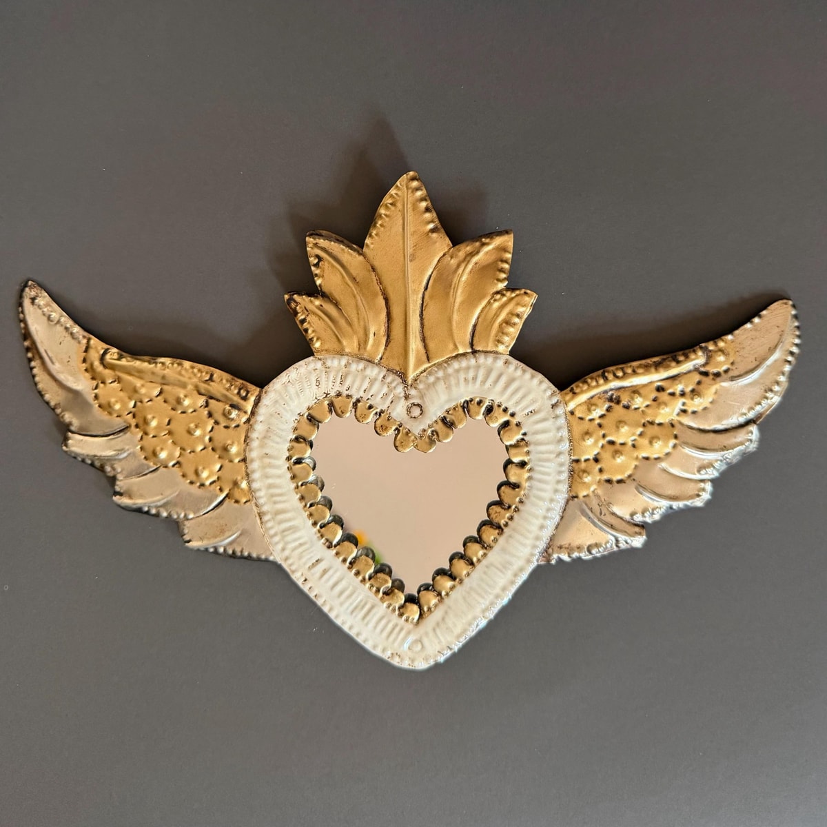 Handcrafted Tin Sacred Heart Mirror, Mexican Milagro Wall Hanging Decor