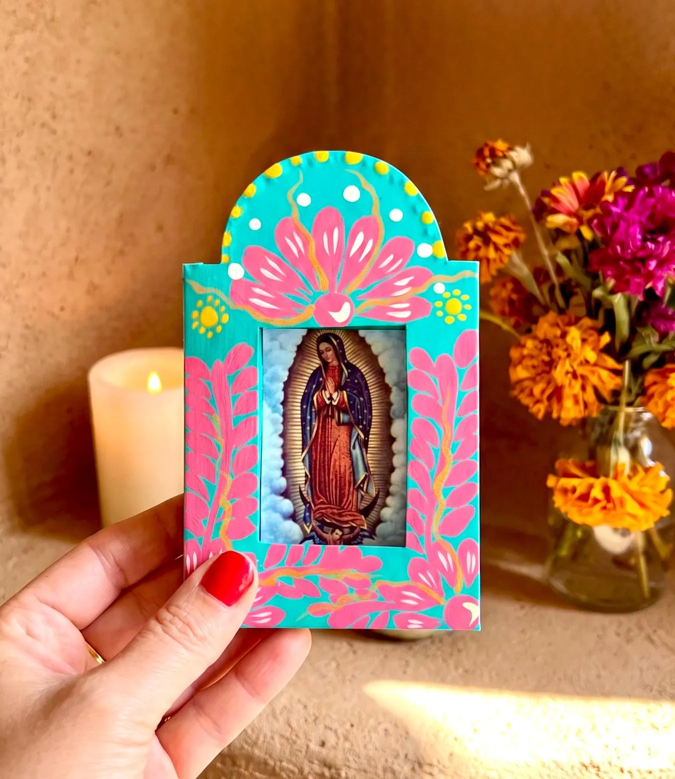 Handmade Tin Nicho Guadalupe Small, Mexican Folk Art Multicolor Niche 5.5”