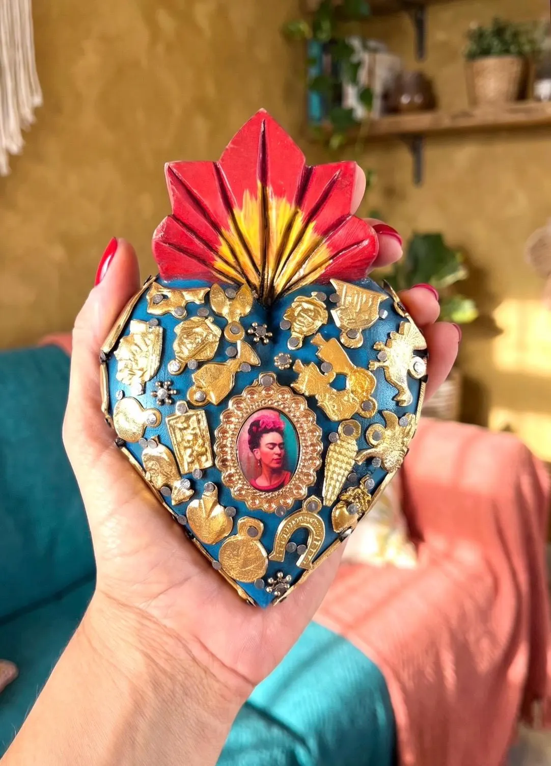 Frida Kahlo Wood Sacred Heart Gold Milagritos Medium 5.5"