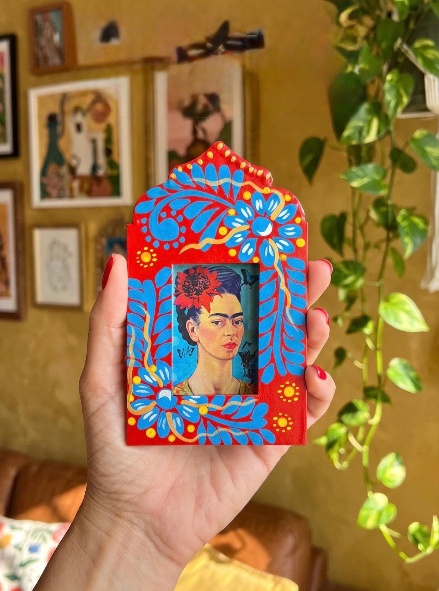Handmade Tin Nicho Frida Kahlo Small, Mexican Folk Art Boho Niche 5.5”
