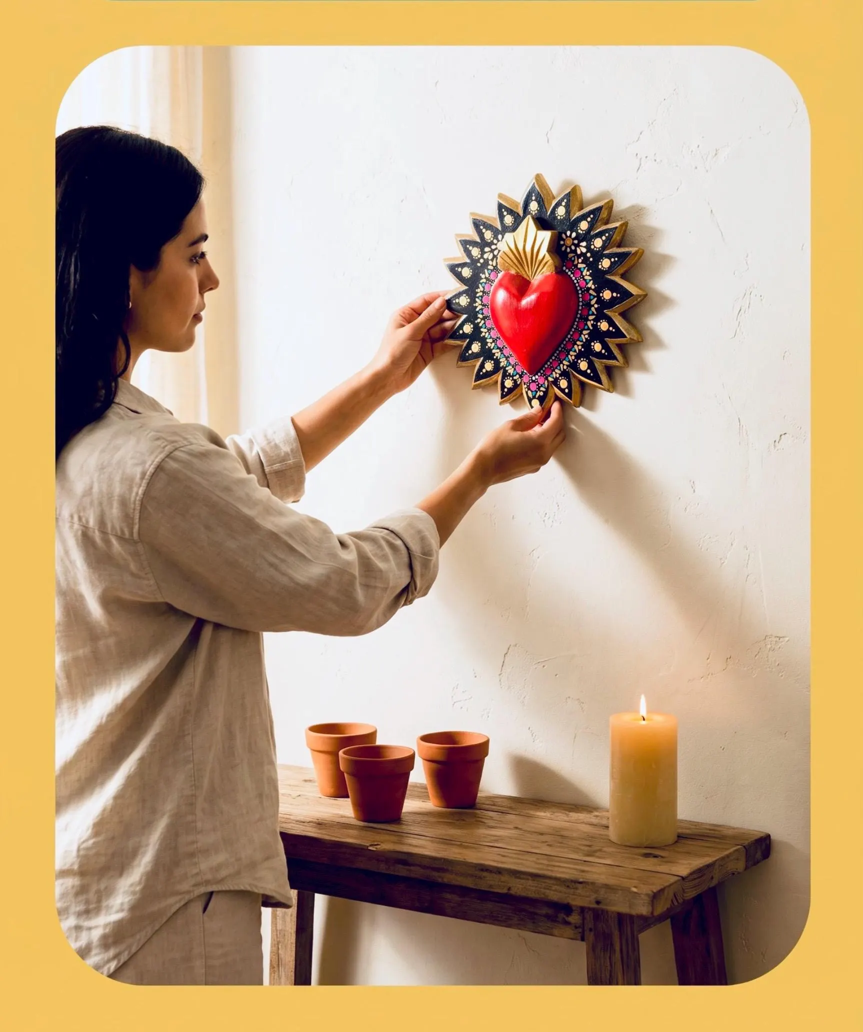 Hand Painted Wood Sacred Heart, Milagro Folk Art, Mexican Art, Rayos Puntitos 9”x 9”